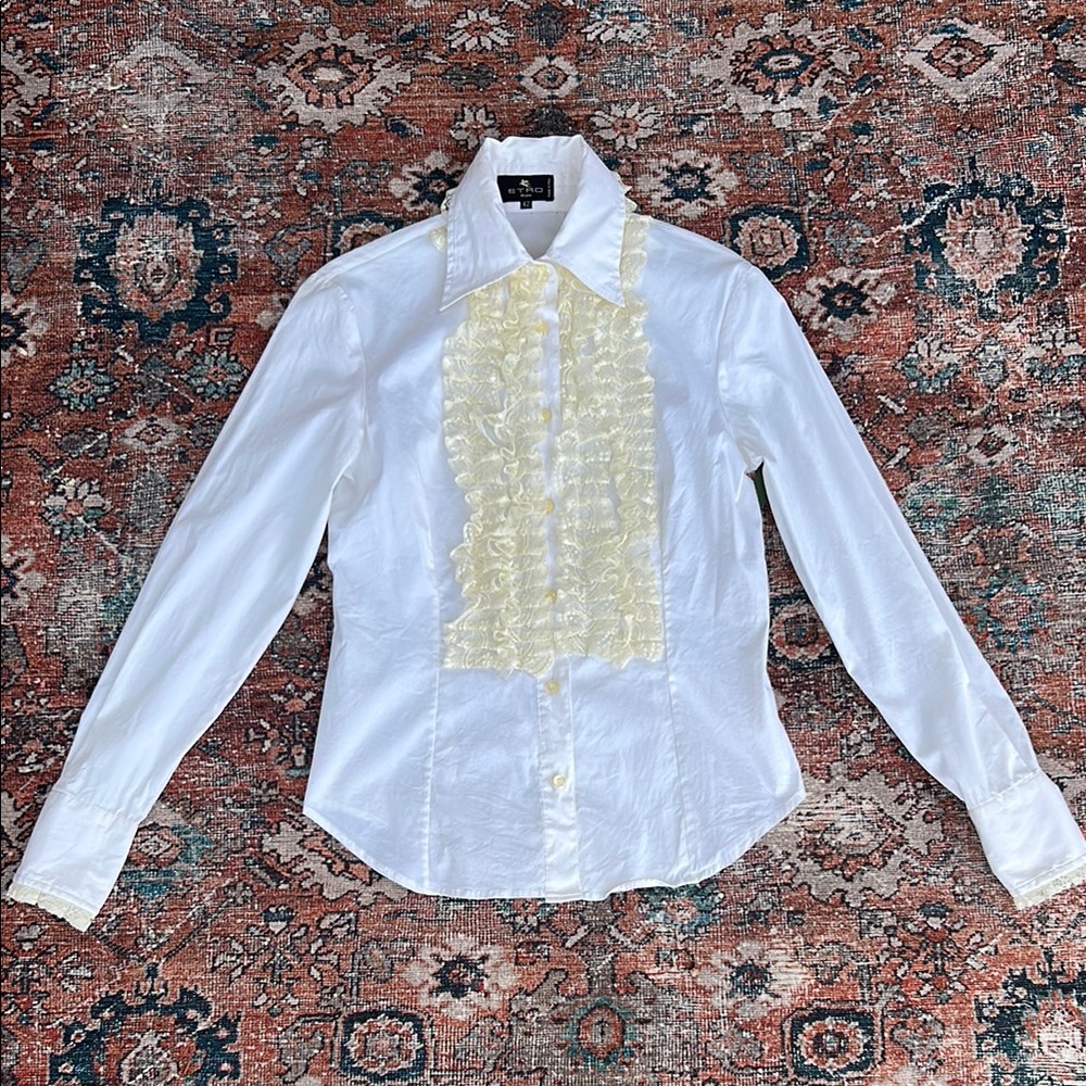 ETRO White Lace-Trimmed TUX Shirt Blouse SMALL Cotton